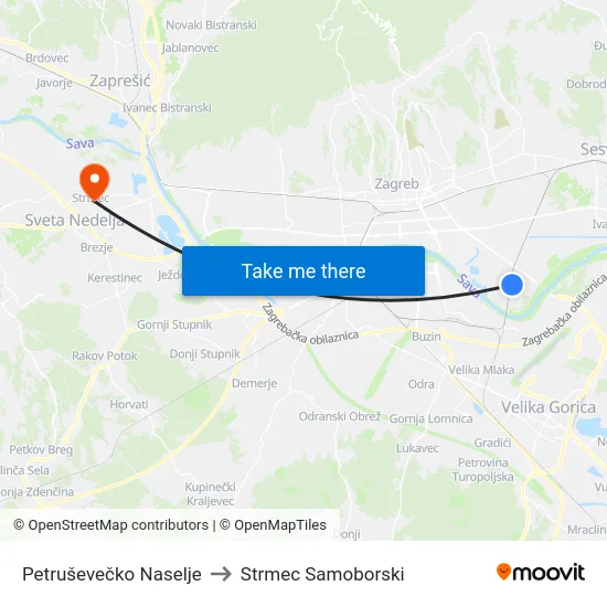 Petruševečko Naselje to Strmec Samoborski map
