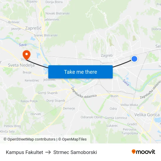 Kampus Fakultet to Strmec Samoborski map