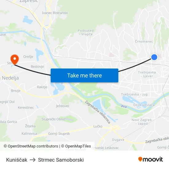 Kuniščak to Strmec Samoborski map