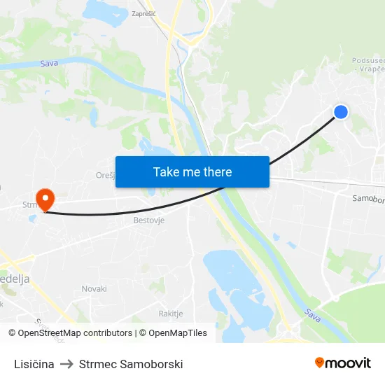 Lisičina to Strmec Samoborski map