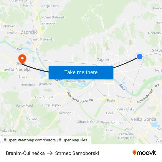 Branim-Čulinečka to Strmec Samoborski map