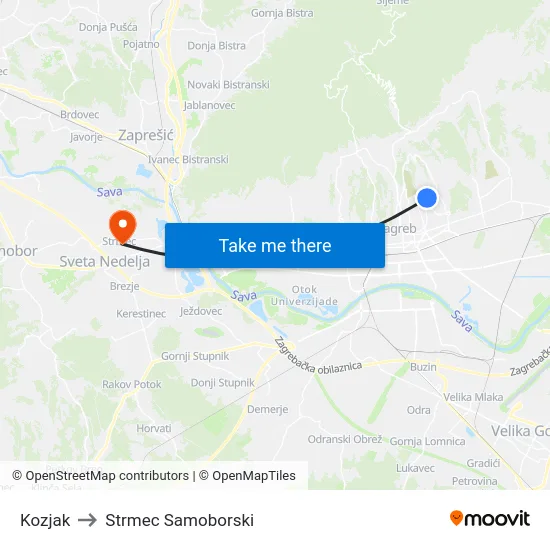 Kozjak to Strmec Samoborski map