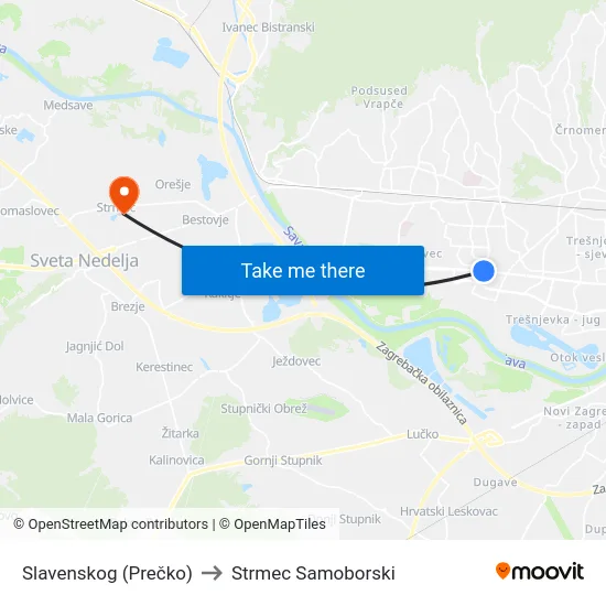 Slavenskog (Prečko) to Strmec Samoborski map