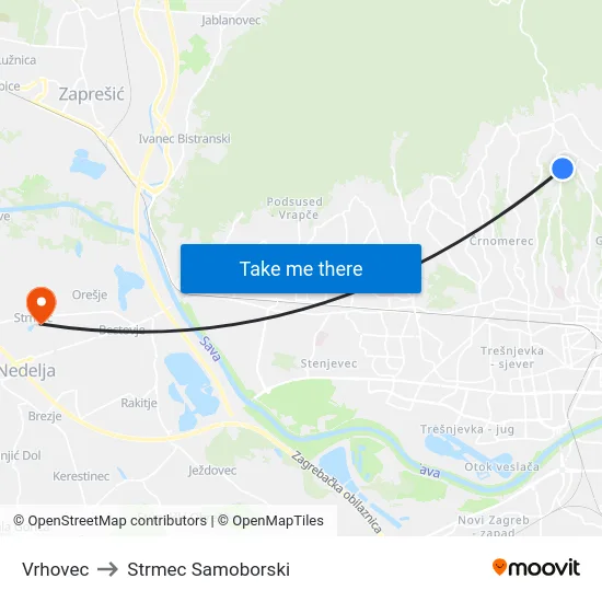 Vrhovec to Strmec Samoborski map