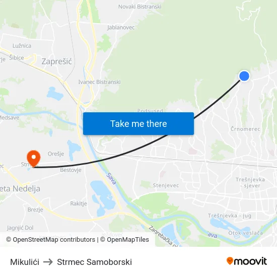 Mikulići to Strmec Samoborski map