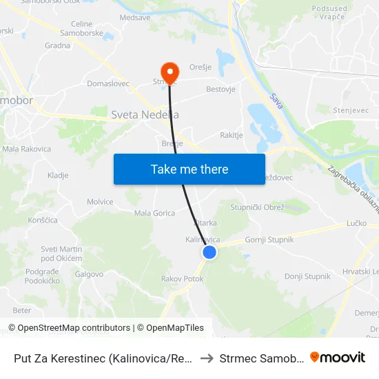 Put Za Kerestinec (Kalinovica/Rezborišće) to Strmec Samoborski map