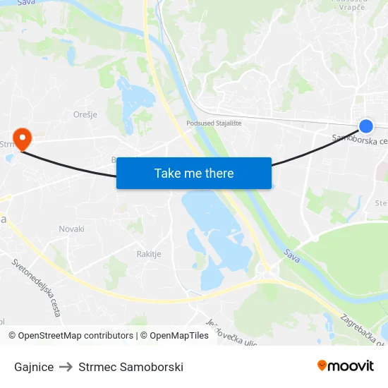 Gajnice to Strmec Samoborski map