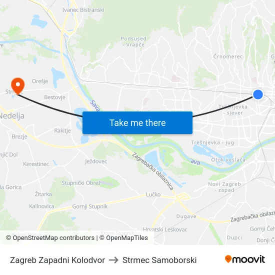 Zagreb Zapadni Kolodvor to Strmec Samoborski map