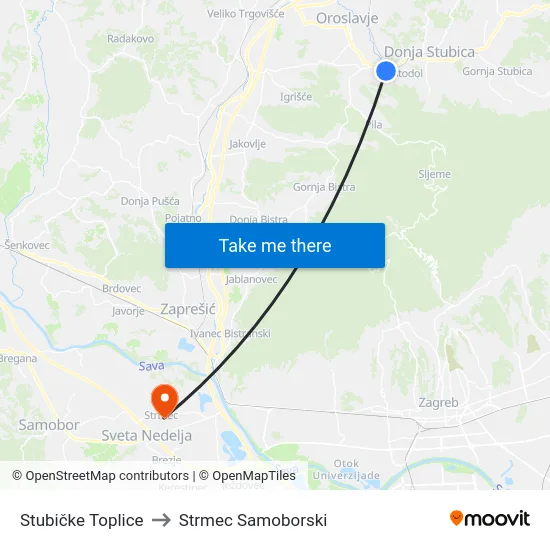Stubičke Toplice to Strmec Samoborski map