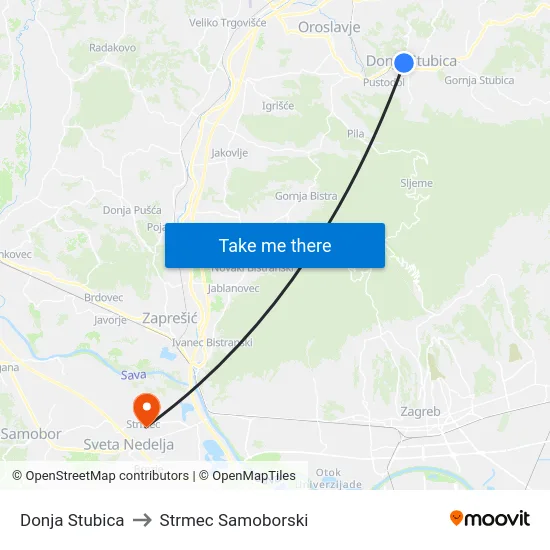 Donja Stubica to Strmec Samoborski map