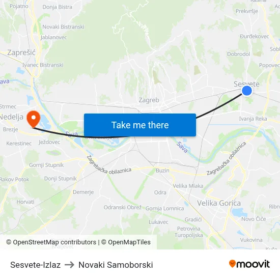 Sesvete-Izlaz to Novaki Samoborski map