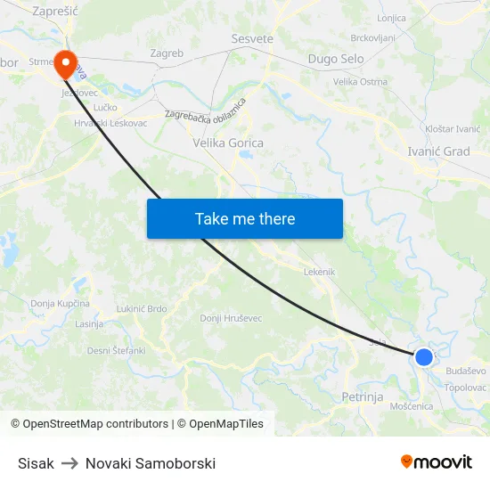 Sisak to Novaki Samoborski map