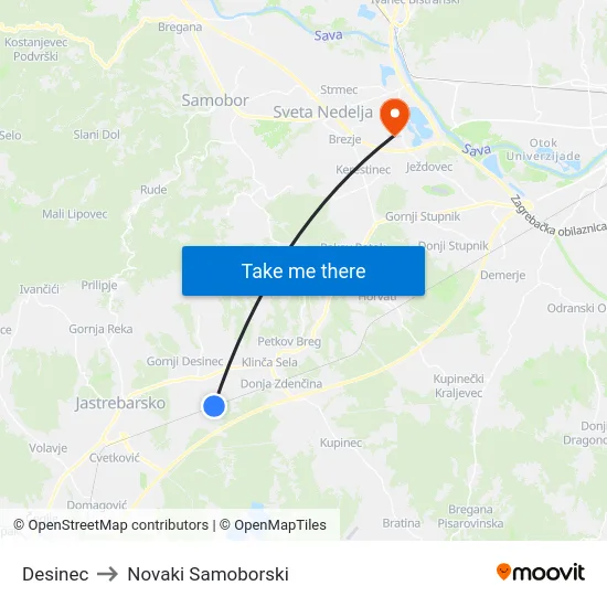 Desinec to Novaki Samoborski map