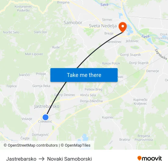 Jastrebarsko to Novaki Samoborski map