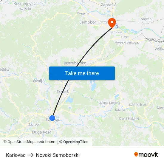 Karlovac to Novaki Samoborski map