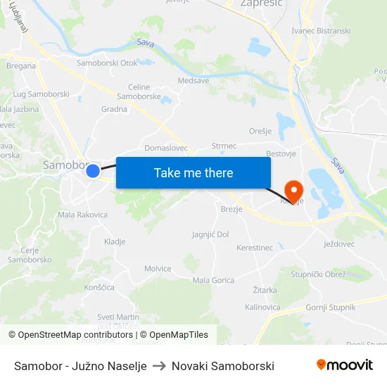 Samobor - Južno Naselje to Novaki Samoborski map