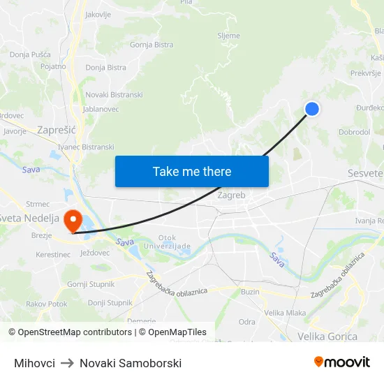 Mihovci to Novaki Samoborski map