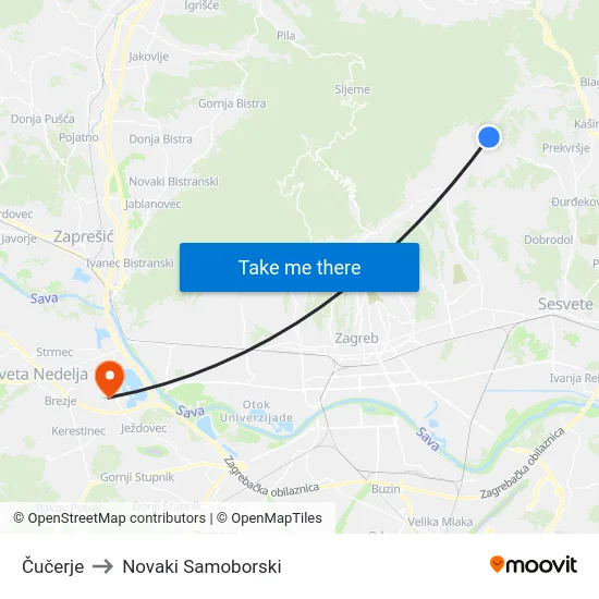 Čučerje to Novaki Samoborski map