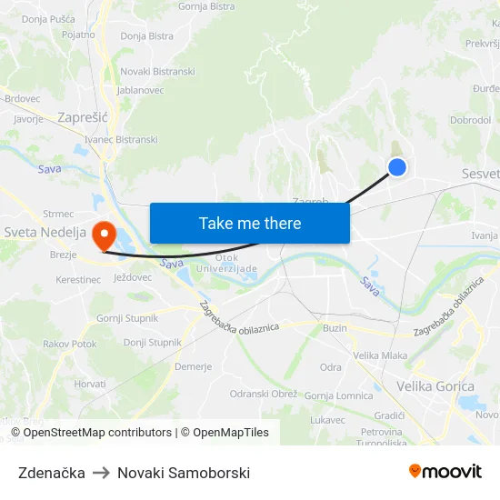 Zdenačka to Novaki Samoborski map
