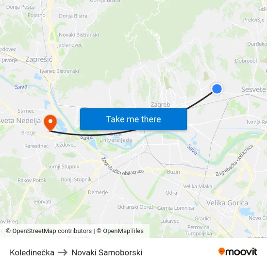 Koledinečka to Novaki Samoborski map