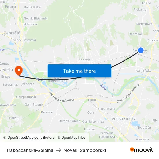 Trakoščanska-Selčina to Novaki Samoborski map