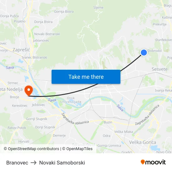 Branovec to Novaki Samoborski map