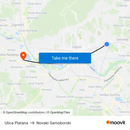 Ulica Platana to Novaki Samoborski map