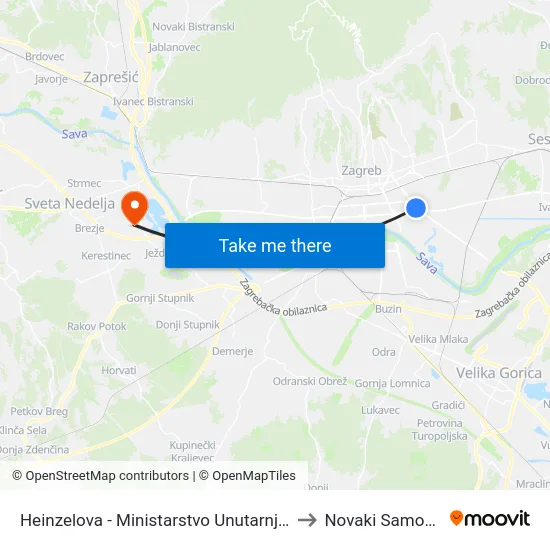 Heinzelova - Ministarstvo Unutarnjih Poslova to Novaki Samoborski map