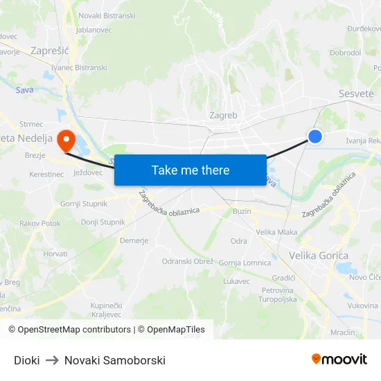 Dioki to Novaki Samoborski map