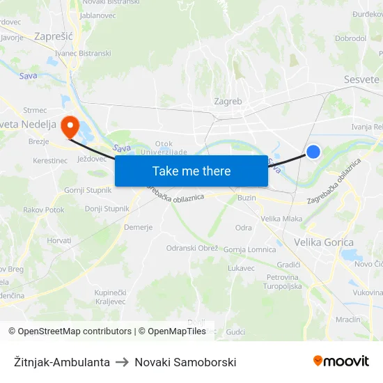 Žitnjak-Ambulanta to Novaki Samoborski map