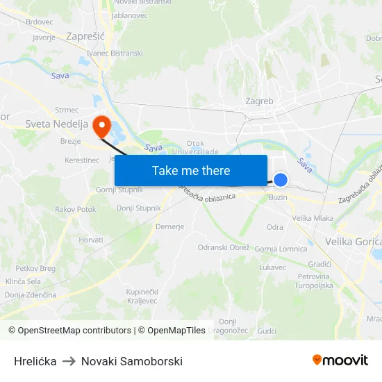 Hrelićka to Novaki Samoborski map