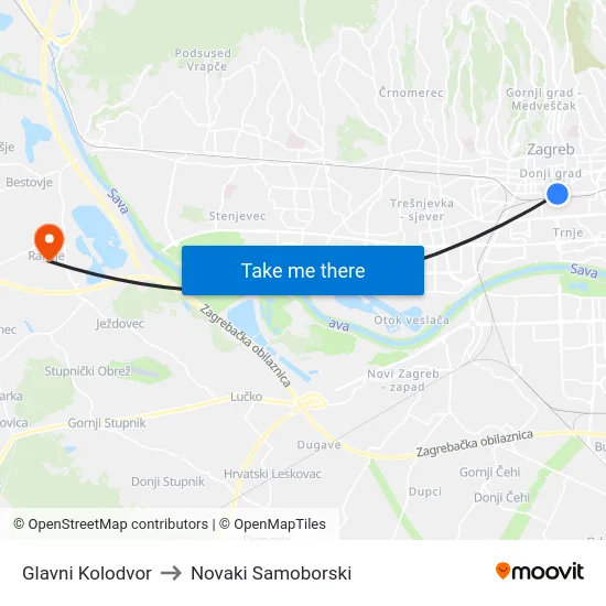 Glavni Kolodvor to Novaki Samoborski map