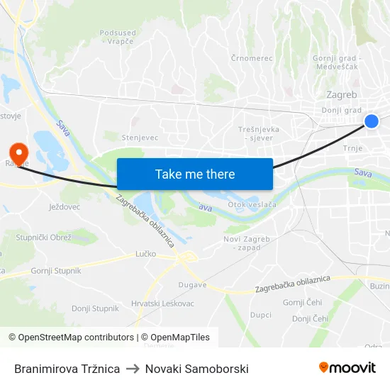 Branimirova Tržnica to Novaki Samoborski map