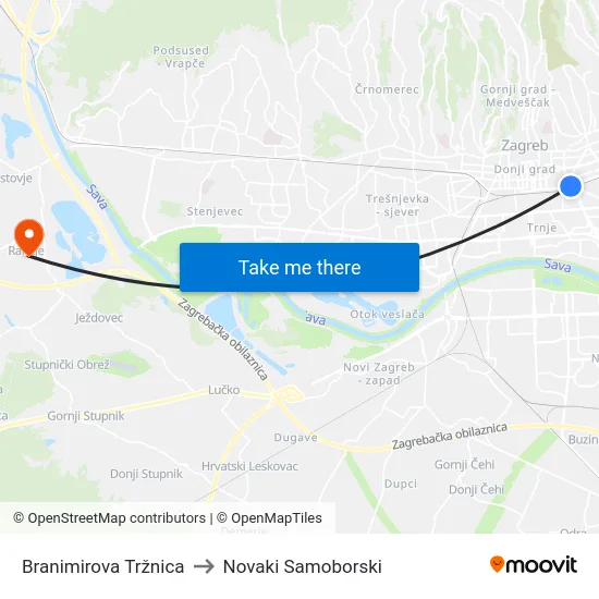Branimirova Tržnica to Novaki Samoborski map