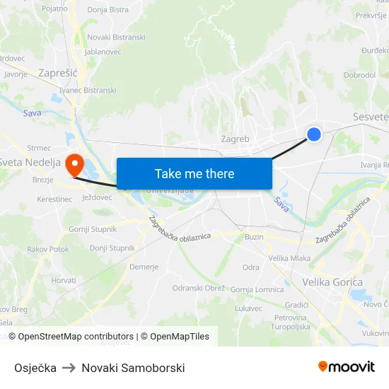Osječka to Novaki Samoborski map