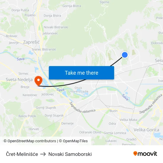 Čret-Melinišće to Novaki Samoborski map