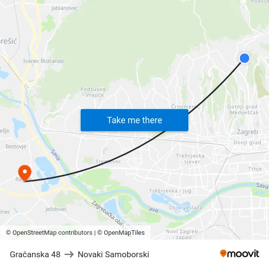 Gračanska 48 to Novaki Samoborski map