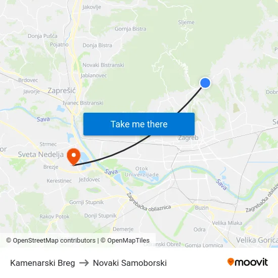 Kamenarski Breg to Novaki Samoborski map