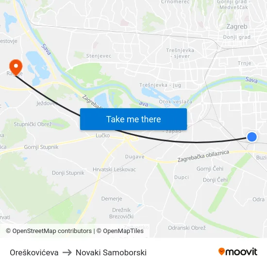Oreškovićeva to Novaki Samoborski map