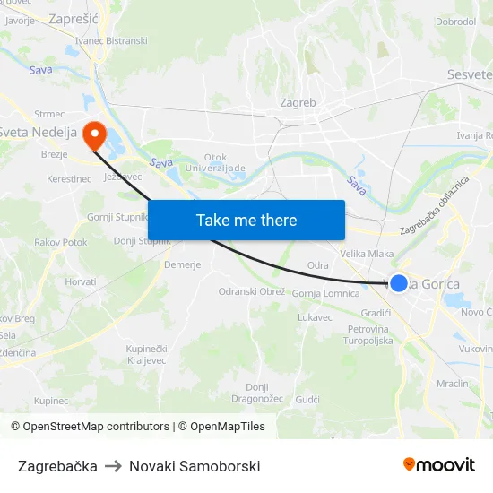 Zagrebačka to Novaki Samoborski map