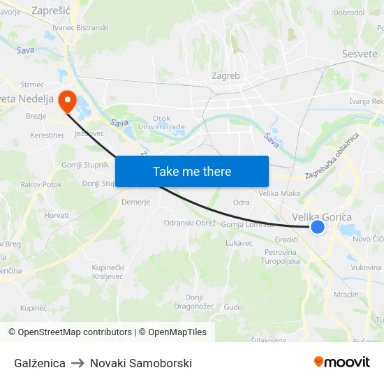 Galženica to Novaki Samoborski map