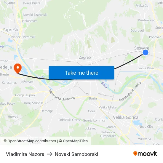 Vladimira Nazora to Novaki Samoborski map