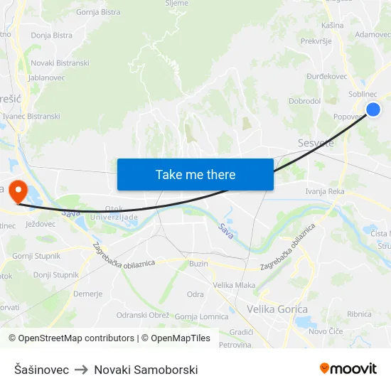 Šašinovec to Novaki Samoborski map