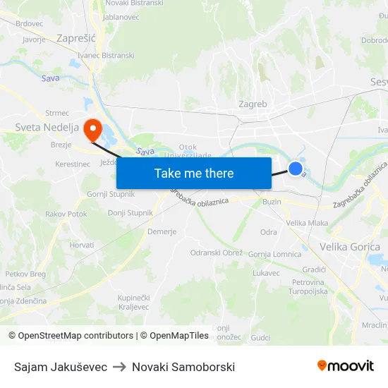 Sajam Jakuševec to Novaki Samoborski map
