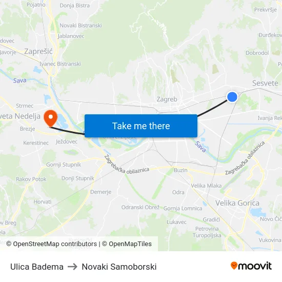 Ulica Badema to Novaki Samoborski map