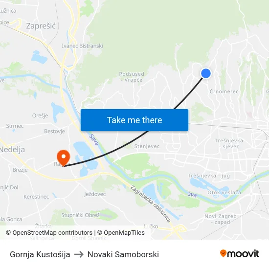 Gornja Kustošija to Novaki Samoborski map