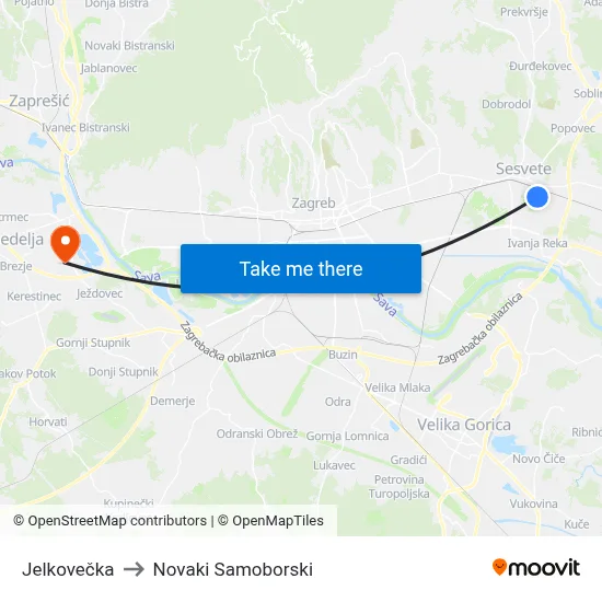 Jelkovečka to Novaki Samoborski map
