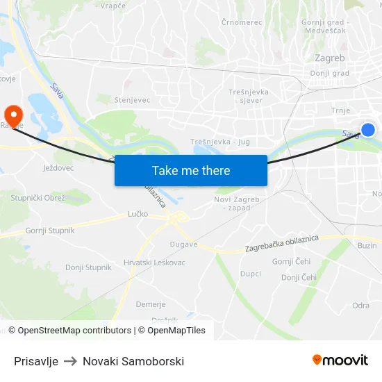 Prisavlje to Novaki Samoborski map