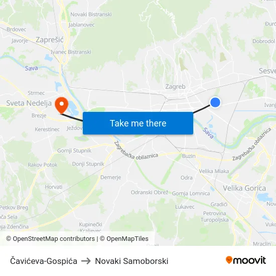 Čavićeva-Gospića to Novaki Samoborski map