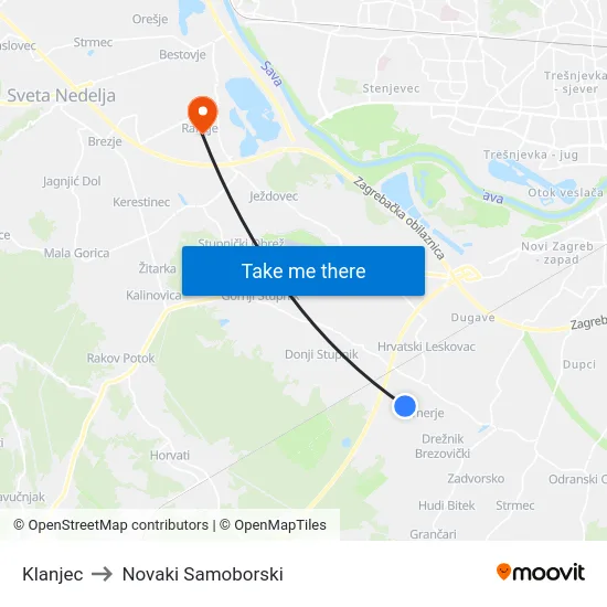 Klanjec to Novaki Samoborski map